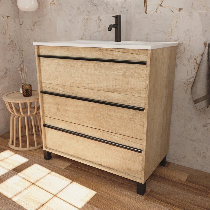 Mattila Noir 1000mm Floorstanding Vanity Unit with Matt Black Handles - Rustic Oak