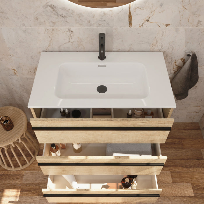 Mattila Noir 800mm Floorstanding Vanity Unit with Matt Black Handles - Rustic Oak