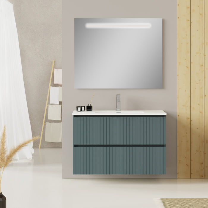 Linea Ocean Blue Fluted Double Drawer Wall Hung Vanity Unit Including Basin 1000mm x 460mm