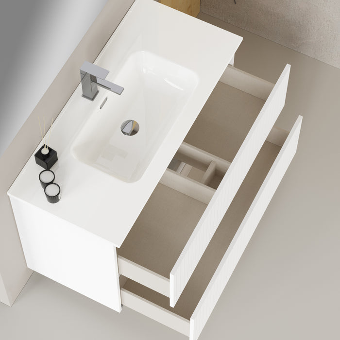 Linea Matt White Fluted Double Drawer Wall Hung Vanity Unit Including Basin 1000mm x 460mm