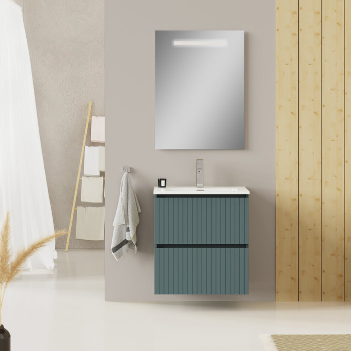 Linea Ocean Blue Fluted Double Drawer Wall Hung Vanity Unit Including Basin 600mm x 460mm