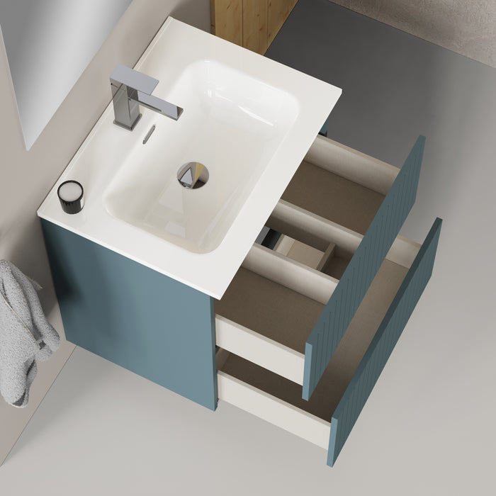 Linea Ocean Blue Fluted Double Drawer Wall Hung Vanity Unit Including Basin 600mm x 460mm
