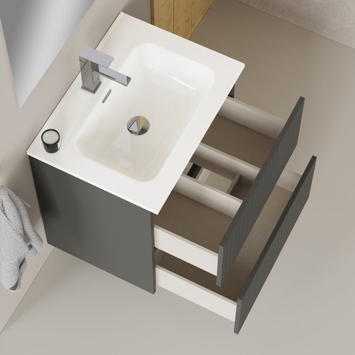Linea Matt Grey Fluted Double Drawer Wall Hung Vanity Unit Including Basin 600mm x 460mm