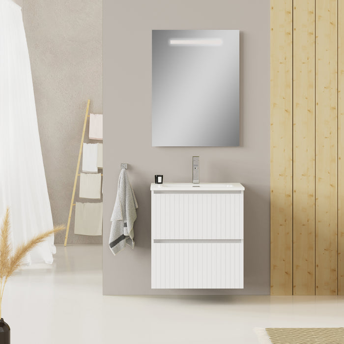 Linea Matt White Fluted Double Drawer Wall Hung Vanity Unit Including Basin 600mm x 460mm