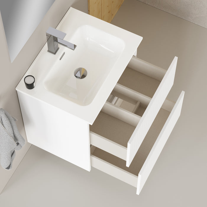 Linea Matt White Fluted Double Drawer Wall Hung Vanity Unit Including Basin 600mm x 460mm