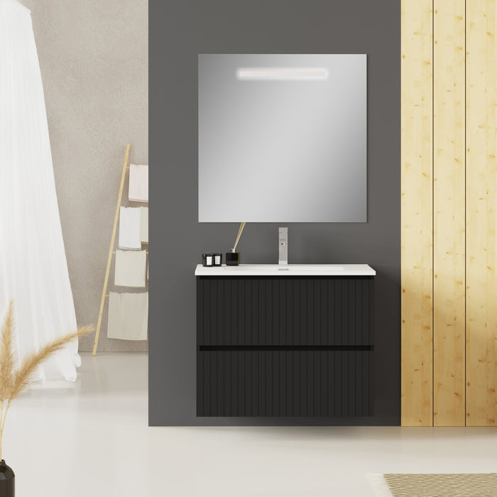Linea Matt Black Fluted Double Drawer Wall Hung Vanity Unit Including Basin 800mm x 460mm