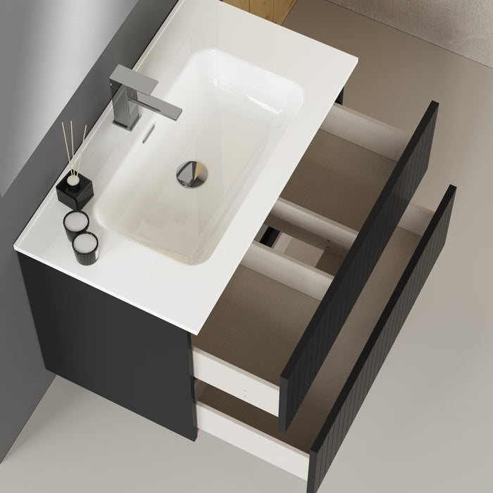 Linea Matt Black Fluted Double Drawer Wall Hung Vanity Unit Including Basin 800mm x 460mm