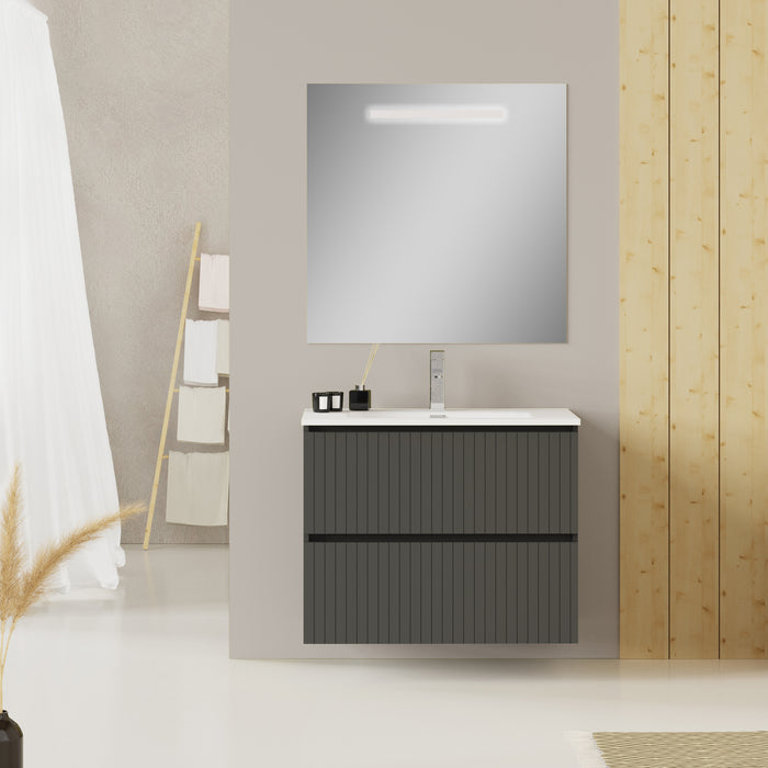 Linea Matt Grey Fluted Double Drawer Wall Hung Vanity Unit Including Basin 800mm x 460mm