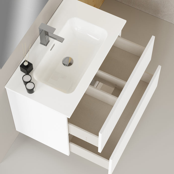Linea Matt White Fluted Double Drawer Wall Hung Vanity Unit Including Basin 800mm x 460mm