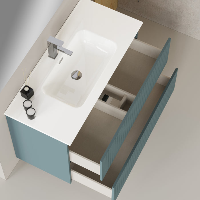 Linea Ocean Blue Fluted Double Drawer Wall Hung Vanity Unit Including Basin 1000mm x 390mm