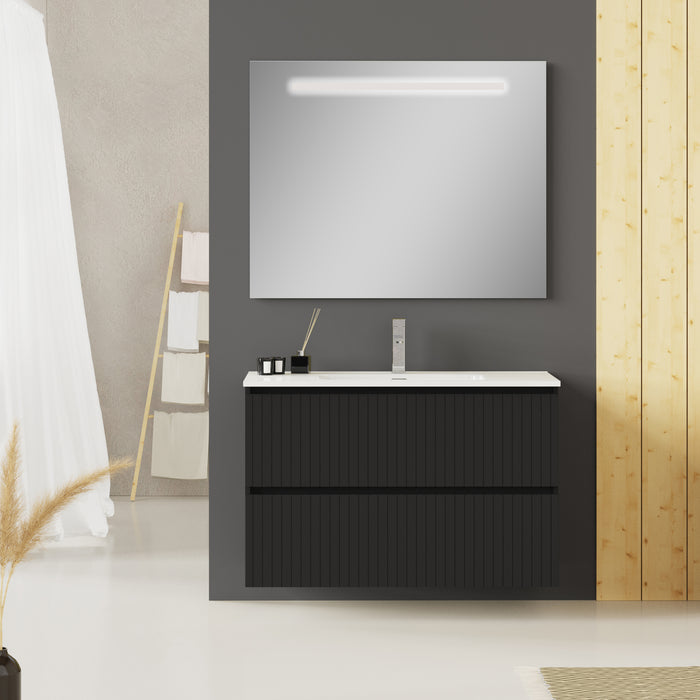 Linea Matt Black Fluted Double Drawer Wall Hung Vanity Unit Including Basin 1000mm x 390mm