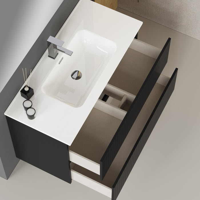 Linea Matt Black Fluted Double Drawer Wall Hung Vanity Unit Including Basin 1000mm x 390mm