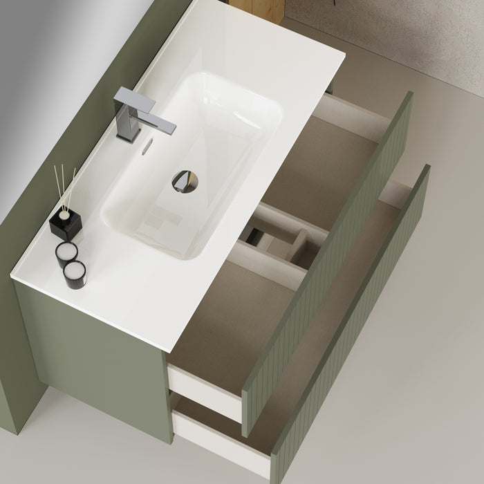 Linea Muscat Sage Fluted Double Drawer Wall Hung Vanity Unit Including Basin 1000mm x 390mm