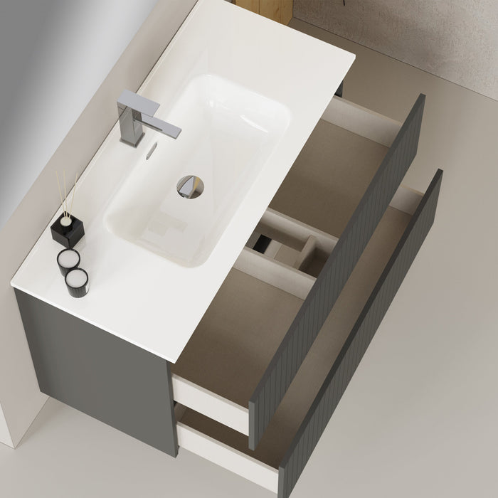 Linea Matt Grey Fluted Double Drawer Wall Hung Vanity Unit Including Basin 1000mm x 460mm