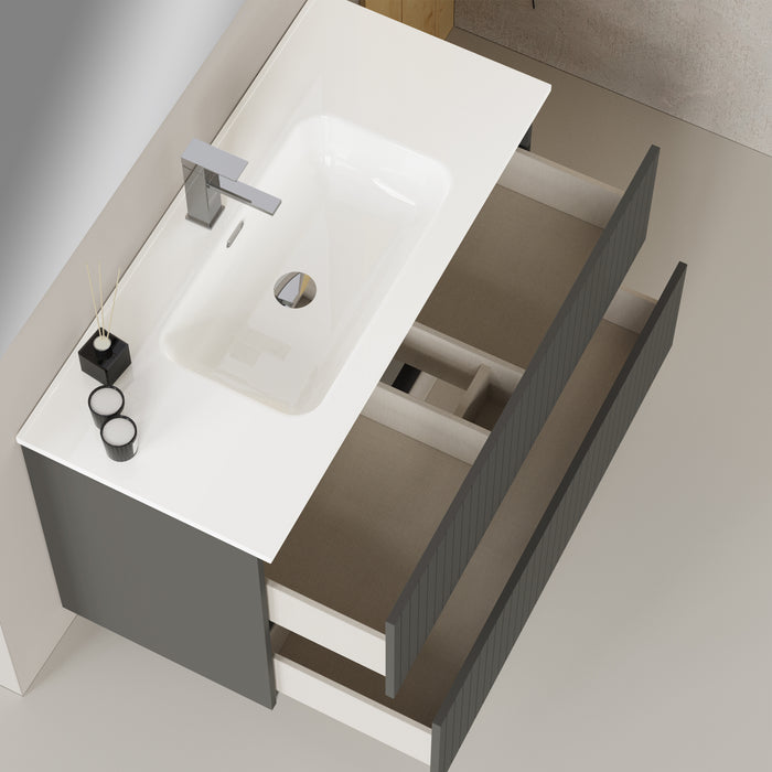 Linea Matt Grey Fluted Double Drawer Wall Hung Vanity Unit Including Basin 1000mm x 390mm