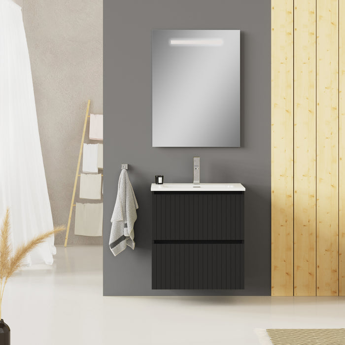 Linea Matt Black Fluted Double Drawer Wall Hung Vanity Unit Including Basin 600mm x 390mm