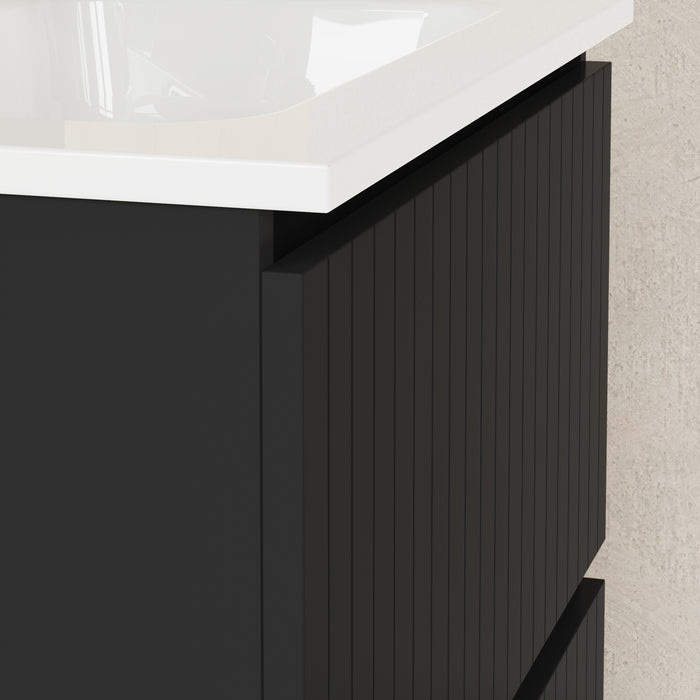Linea Matt Black Fluted Double Drawer Wall Hung Vanity Unit Including Basin 600mm x 390mm