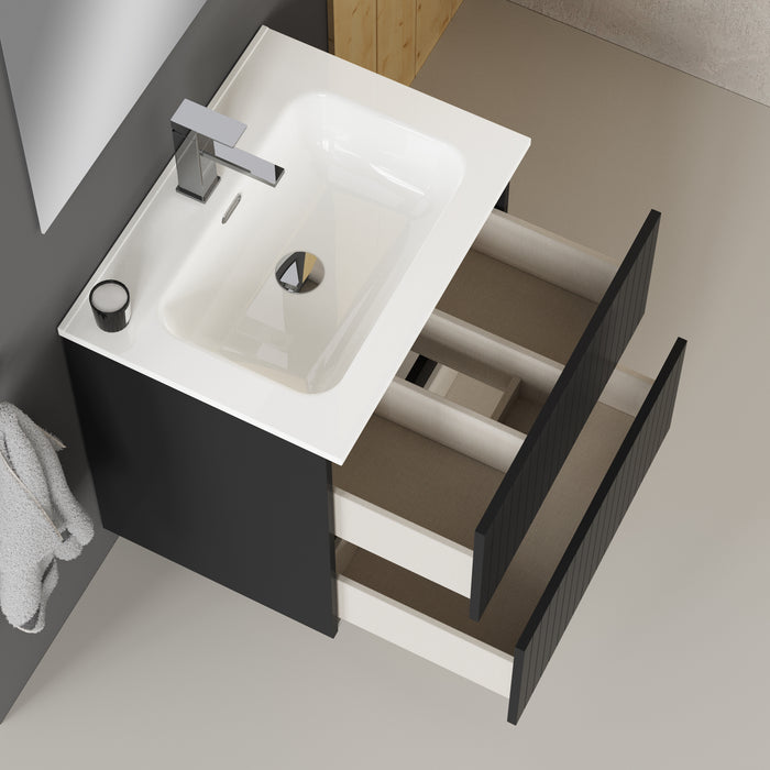 Linea Matt Black Fluted Double Drawer Wall Hung Vanity Unit Including Basin 600mm x 390mm
