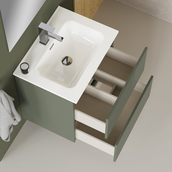 Linea Muscat Sage Fluted Double Drawer Wall Hung Vanity Unit Including Basin 600mm x 390mm