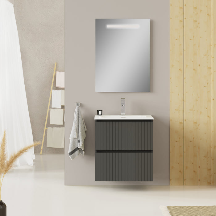 Linea Matt Grey Fluted Double Drawer Wall Hung Vanity Unit Including Basin 600mm x 390mm