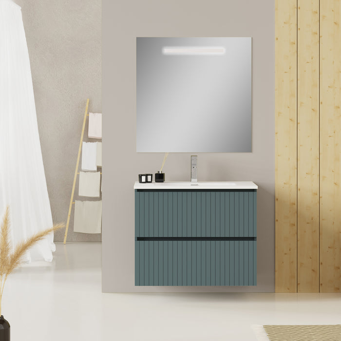 Linea Ocean Blue Fluted Double Drawer Wall Hung Vanity Unit Including Basin 800mm x 390mm