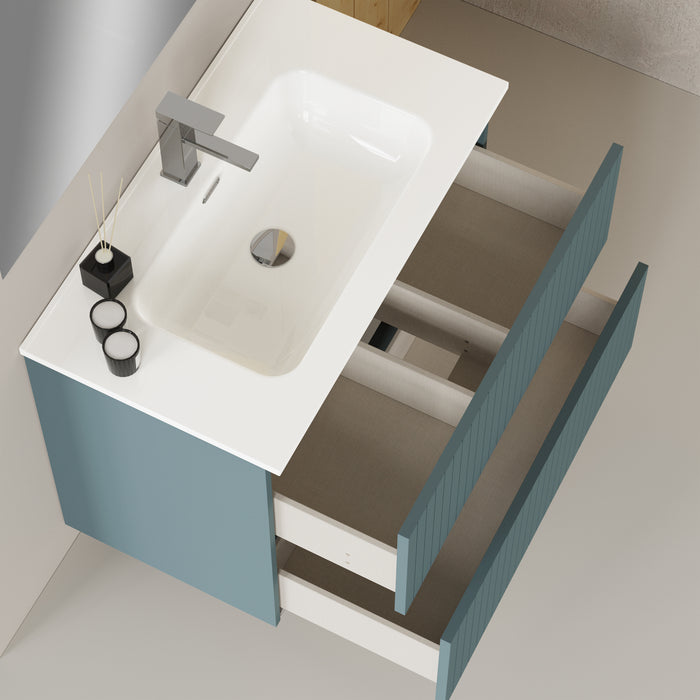 Linea Ocean Blue Fluted Double Drawer Wall Hung Vanity Unit Including Basin 800mm x 390mm