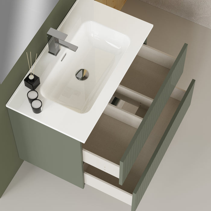 Linea Muscat Sage Fluted Double Drawer Wall Hung Vanity Unit Including Basin 800mm x 390mm