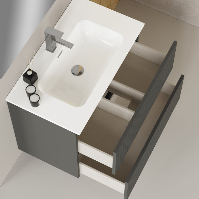 Linea Matt Grey Fluted Double Drawer Wall Hung Vanity Unit Including Basin 800mm x 390mm