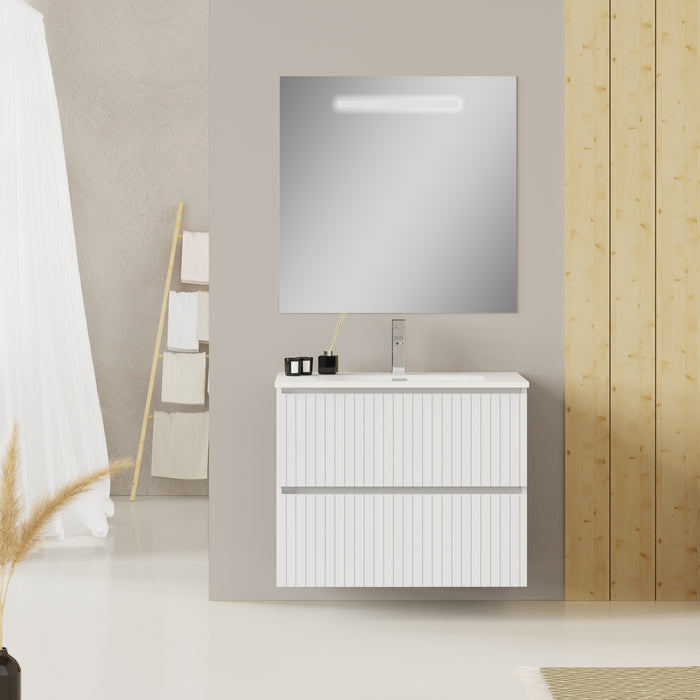 Linea Matt White Fluted Double Drawer Wall Hung Vanity Unit Including Basin 800mm x 390mm