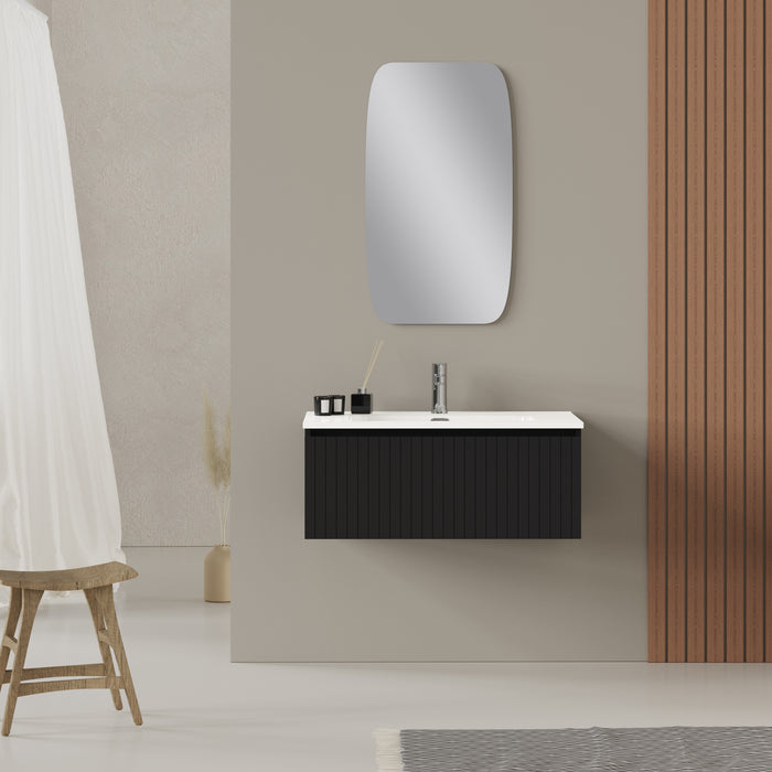 Linea Matt Black Fluted Wall Hung Vanity Unit Including Basin 800mm x 390mm