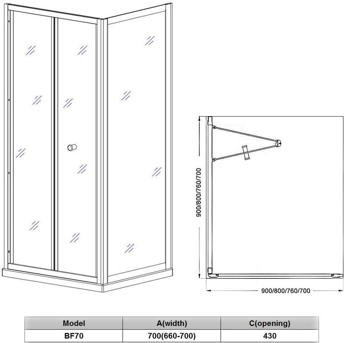 Elle 900 x 800mm Framed Bifold Shower Enclosure 5mm Tempered Glass Cubicle