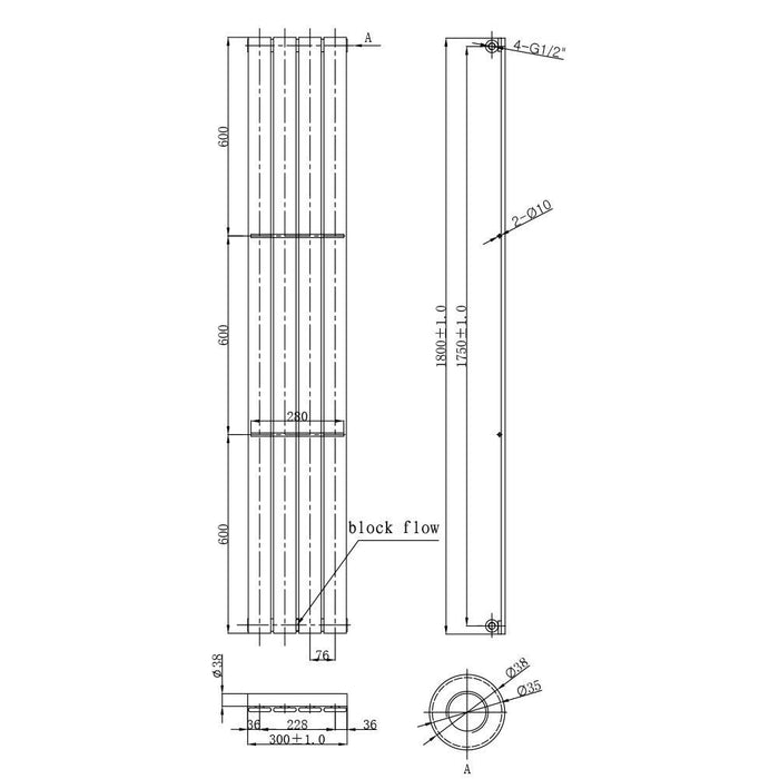 Elle 1800 x 300mm Vertical Column Radiator Chrome Single Flat Panel Bathroom Radiator
