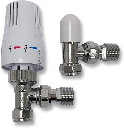TRV Thermostatic Radiator Valve + Lockshield 1/2" x 15mm White Angled