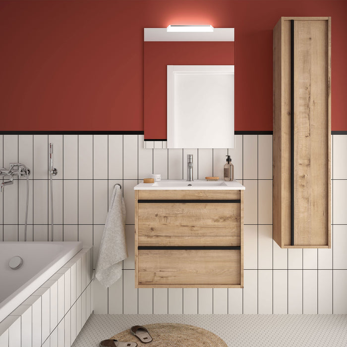 Attila Noir 600mm Wall Hung Basin Unit with Matt Black Handles - Ostippo Oak
