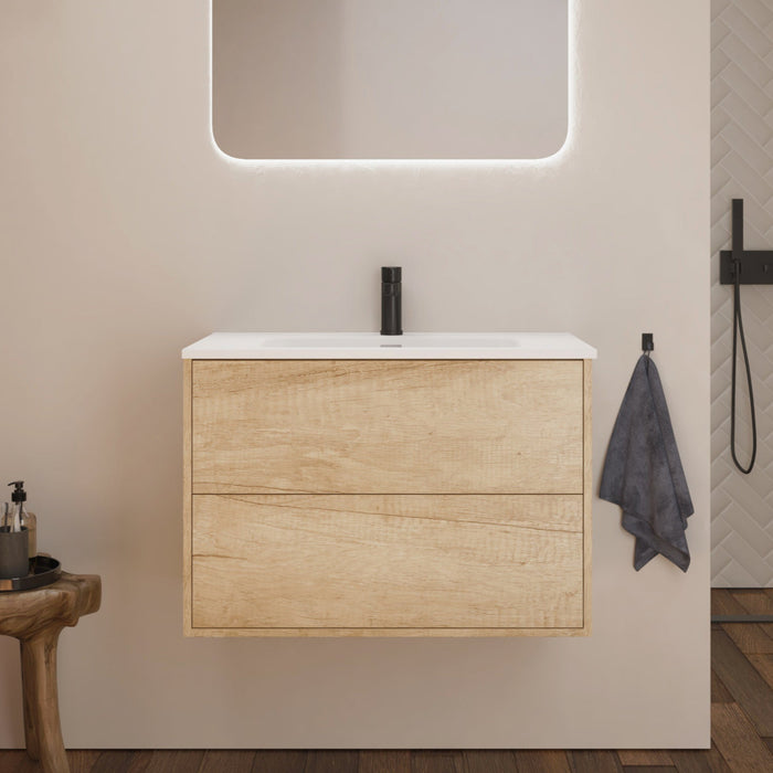Optim Noir 800mm Wall Hung Vanity Unit + Basin - Natural Oak