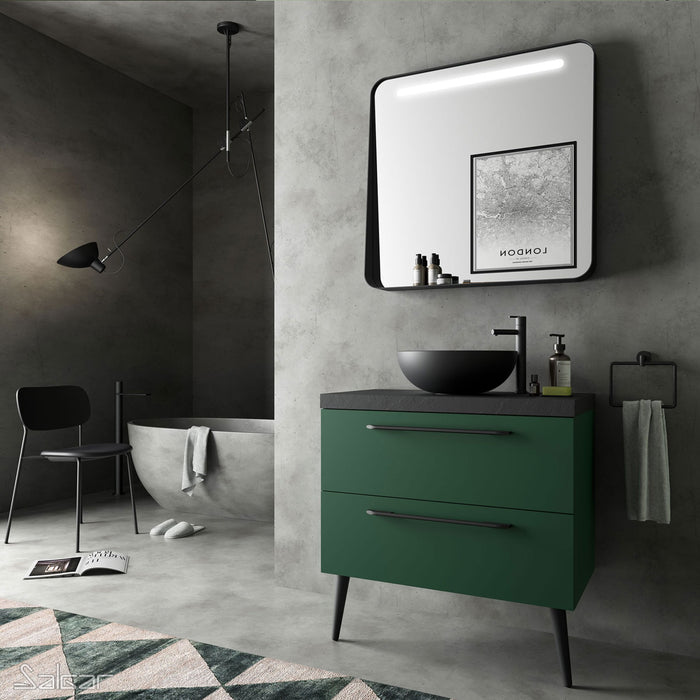 APOLLO Noir 800mm Black Mirror with Shelf & LED Light - Horizontal Black