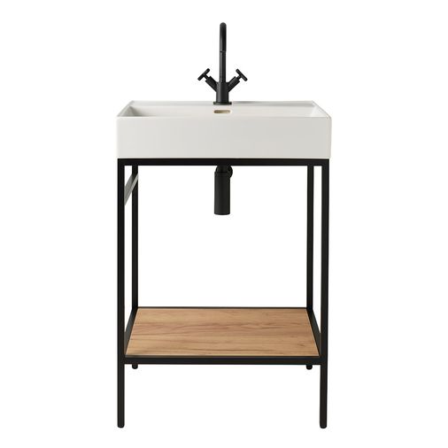 Black Vinci Noir 600mm frame Unit with Oak Shelf & Basin - 600mm x 460mm - Salgar
