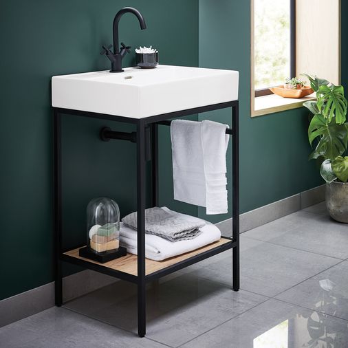 Black Vinci Noir 600mm frame Unit with Oak Shelf & Basin - 600mm x 460mm - Salgar