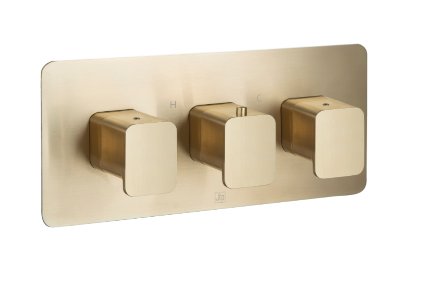 JTP HIX Brushed Brass Horizontal Thermostatic Concealed 3 Outlet Shower Valve
