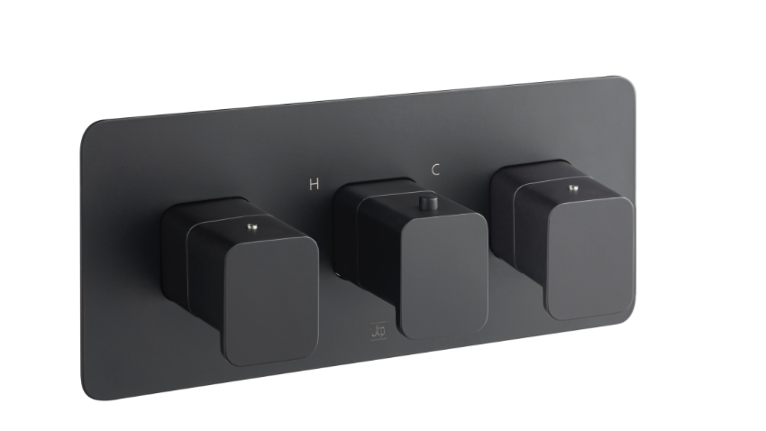 JTP HIX Noir Matt Black Horizontal Thermostatic Concealed 2 Outlet Shower Valve