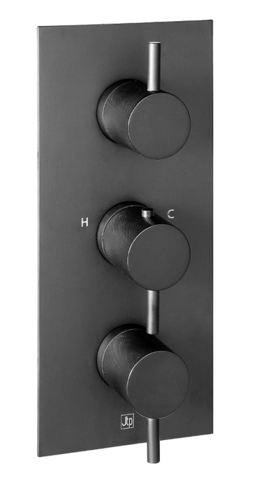 JTP VOS Noir Matt Black Vertical Thermostatic Concealed 3 Outlet Shower Valve - Select Design