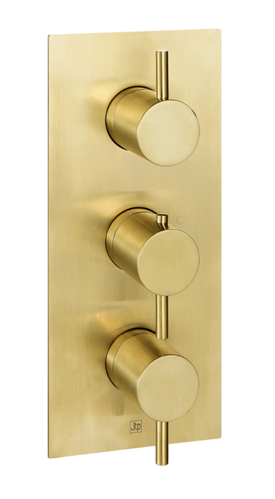 JTP VOS Brushed Brass Vertical Thermostatic Concealed 3 Outlet Shower Valve - Select Design