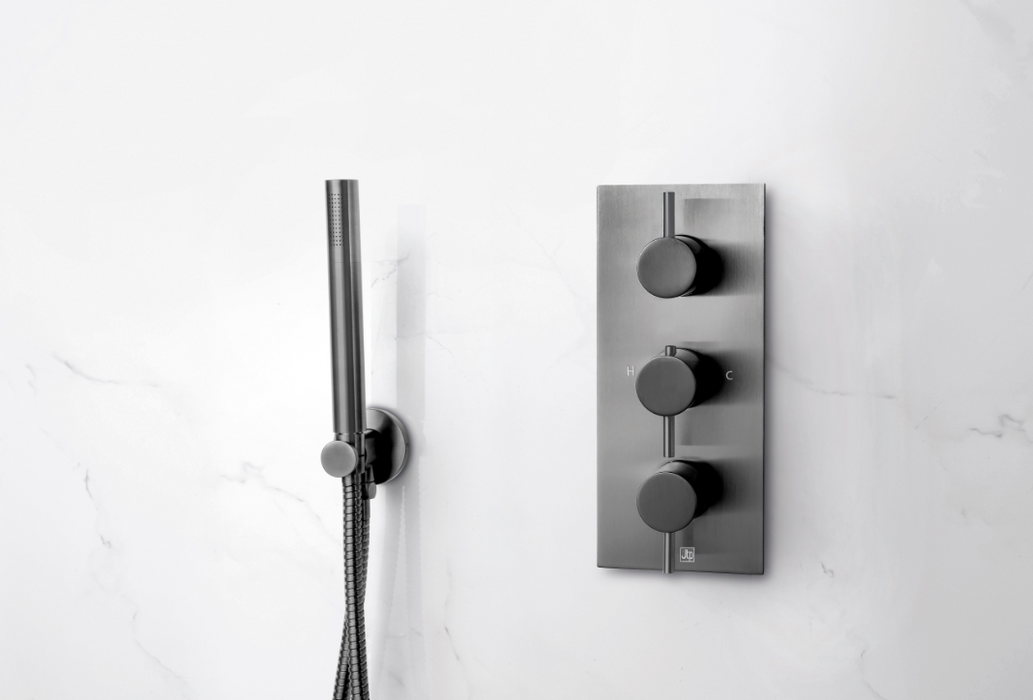 JTP VOS Brushed Black Vertical Thermostatic Concealed 2 Outlet Shower Valve - Select Design