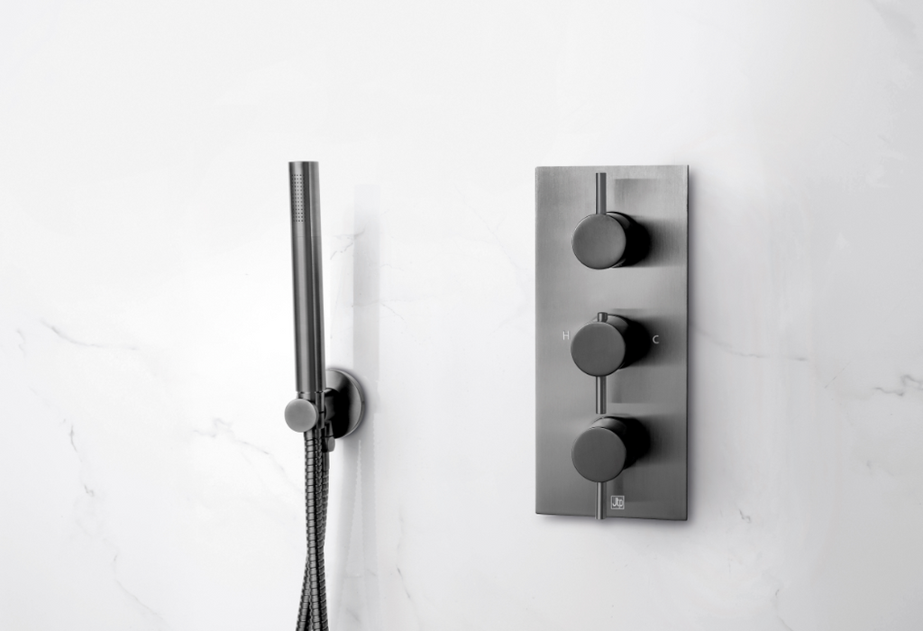 JTP VOS Brushed Black Vertical Thermostatic Concealed 3 Outlet Shower Valve - Select Design