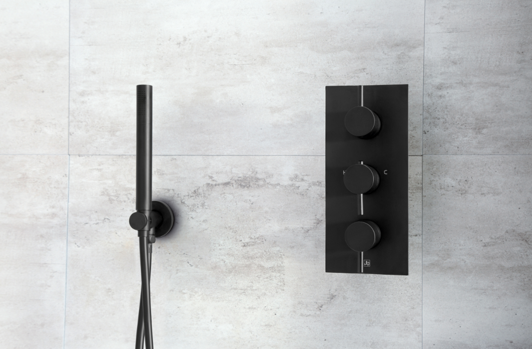 JTP VOS Noir Matt Black Round Water Outlet with Holder Plastic Hose Slim Hand Shower