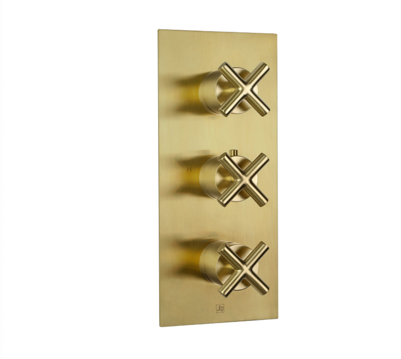 JTP Solex Brushed Brass Vertical Thermostatic Concealed 3 Outlet Shower Valve