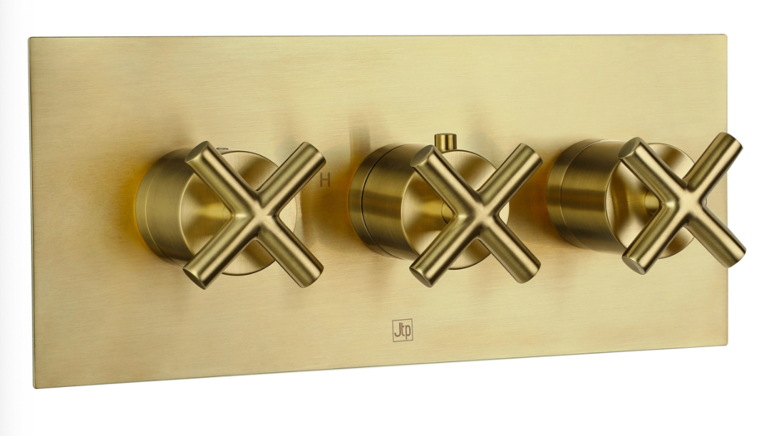 JTP Solex Brushed Brass Horizontal Thermostatic Concealed 3 Outlet Shower Valve