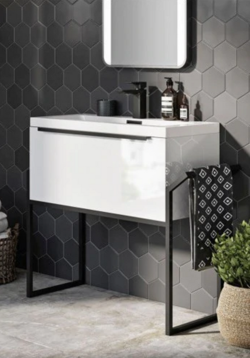 Muro Gloss White 600 Vanity Unit with Basin and Black Handle