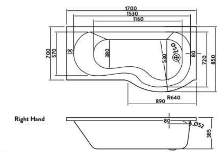 P Shape Acrylic Shower Bath with Front Panel & Shower Screen RH 1700 x 850mm