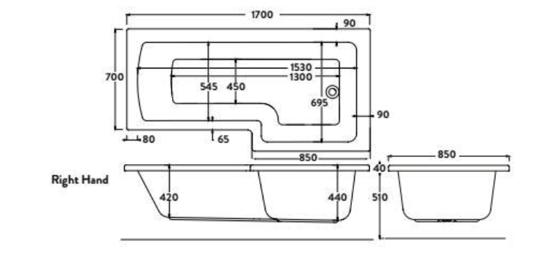 L Shape Acrylic Shower Bath with Front Panel & Shower Screen LH 1700 x 850mm
